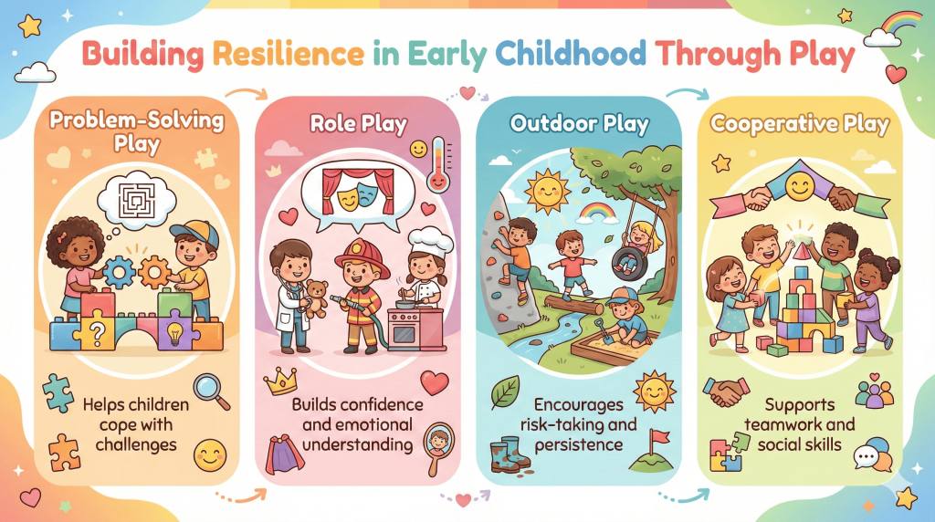 Building Resilience in Early Childhood Through Play 1 An illustrated infographic highlighting four types of play that build resilience in early childhood: Problem-Solving Play, Role Play, Outdoor Play, and Cooperative Play. Each section includes playful characters engaged in relevant activities, with supportive text about the benefits of each type of play.