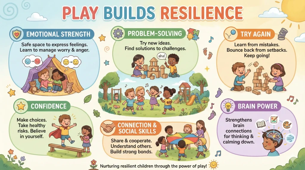 Building Resilience in Early Childhood Through Play 2 Colorful landscape infographic showing how play builds resilience in early childhood, featuring children engaging in creative and outdoor play with simple text sections like confidence, problem-solving, and emotional strength.