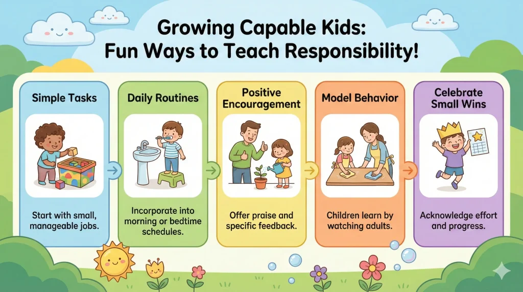 Colorful landscape infographic showing simple ways to teach responsibility to young children, featuring illustrations of kids doing small tasks like tidying toys, watering plants, and following daily routines, with short guidance phrases and a friendly early-childhood design.