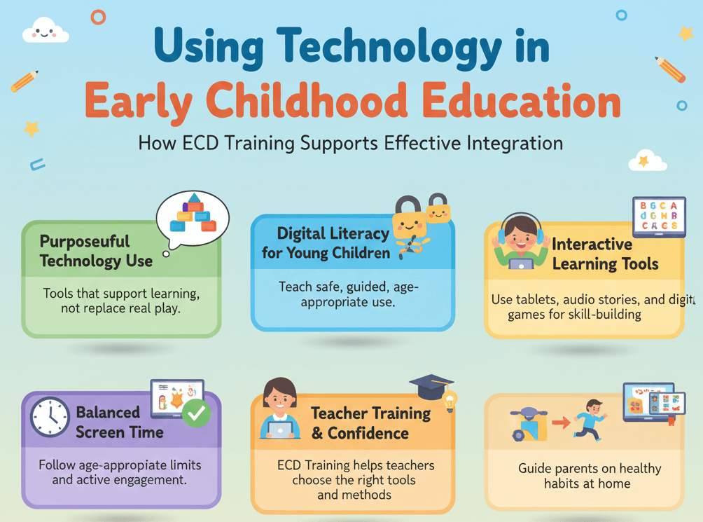 Using Technology in Early Childhood Education and How ECD Training Can Support Effective Integration 1 An infographic titled 'Using Technology in Early Childhood Education' highlighting how ECD training supports effective technology integration. Sections include: 'Purposeful Technology Use', 'Digital Literacy for Young Children', 'Interactive Learning Tools', 'Balanced Screen Time', and 'Teacher Training & Confidence'. Each section features colorful icons and short, informative text.