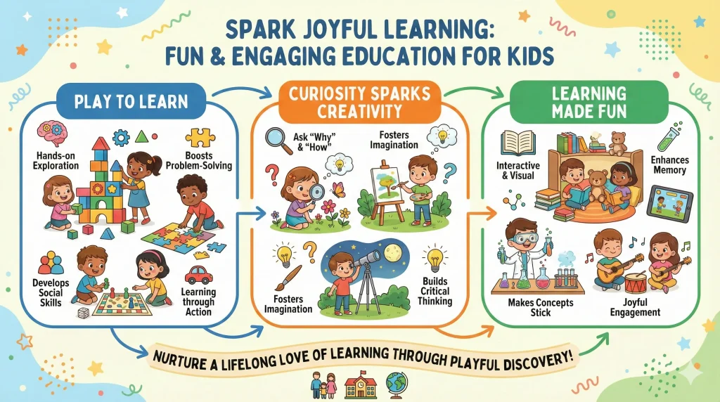 Colorful infographic showing fun and engaging learning activities for kids, including play, reading, art, and hands-on exploration to make learning enjoyable and interactive.
