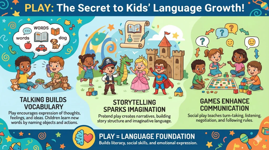 How Play Improves Language Skills for Young Children 2 Infographic showing how play enhances language skills in young children with illustrations of kids talking, reading, and playing, highlighting benefits like vocabulary building, storytelling, and communication development
