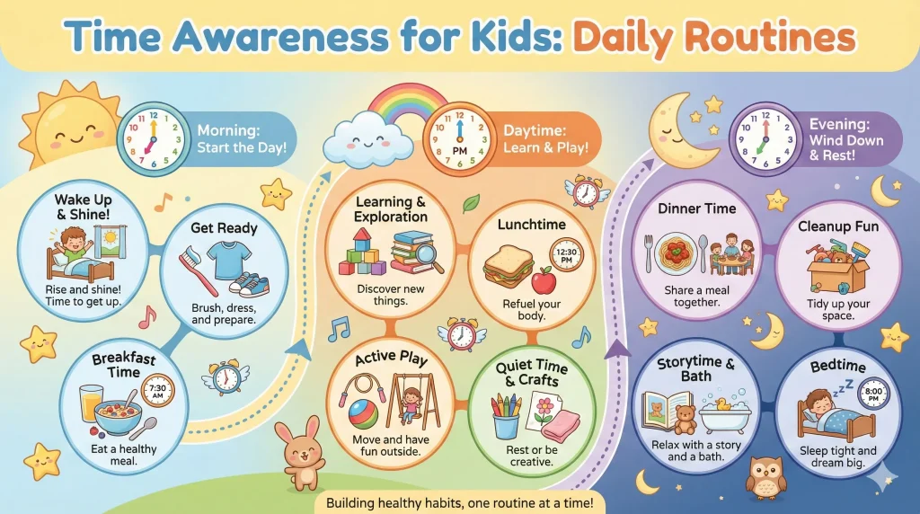 Teaching Time Awareness in Early Childhood Through Daily Routines 2 Colorful landscape infographic showing simple daily routines that help young children develop time awareness, including icons of clocks, morning activities, playtime, meals, and bedtime in a child-friendly design.