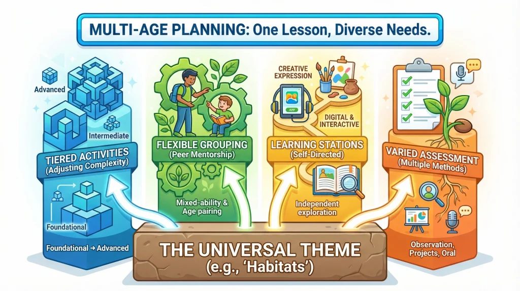 Managing a Mixed-Age ECD Classroom: Practical Strategies for Teachers 2 A landscape infographic titled "Multi-Age Planning: One Lesson, Diverse Needs." A central brown foundation block labeled "The Universal Theme" supports four colorful pillars representing teaching strategies. From left to right: a blue pillar for "Tiered Activities" showing stacked blocks for adjusting complexity; a green pillar for "Flexible Grouping" showing gears and students for peer mentorship; a yellow pillar for "Learning Stations" showing art and digital tools for self-directed learning; and an orange pillar for "Varied Assessment" showing a checklist and growing plant for multiple evaluation methods.