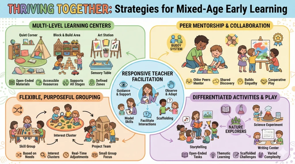 Managing a Mixed-Age ECD Classroom: Practical Strategies for Teachers 3 Colorful landscape infographic illustrating strategies for managing a mixed-age early childhood classroom, featuring simple icons, age-appropriate activity zones, peer learning visuals, and short instructional labels.